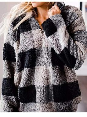 Zesica Plaid Long Sleeve Sherpa Fleece Pullover